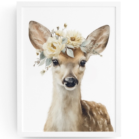 Watercolor Deer with Flower Wreath Illustration Wall Art Print Poster, Unframed - Picture 1 of 6